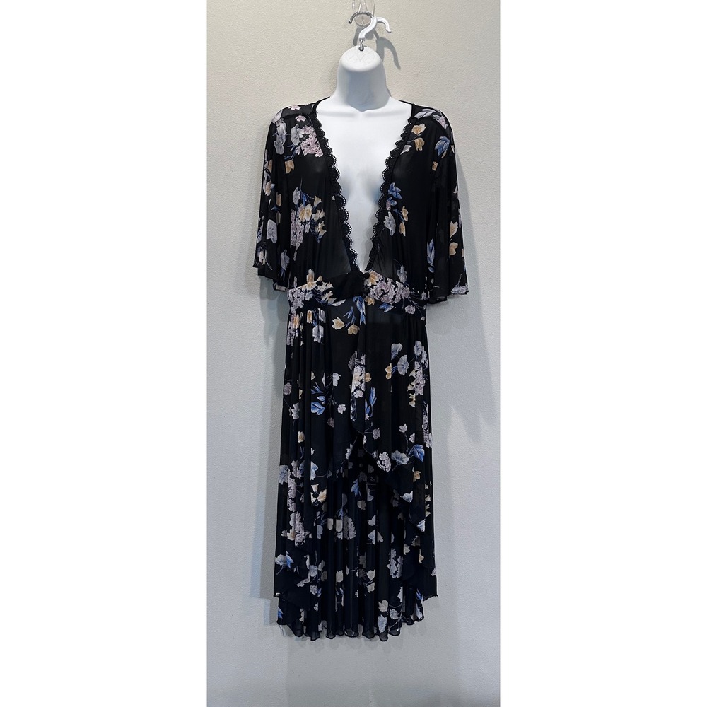 LIFE Love Is For‎ Eternity Black Floral Mesh High Low Kimono Duster Large Lace